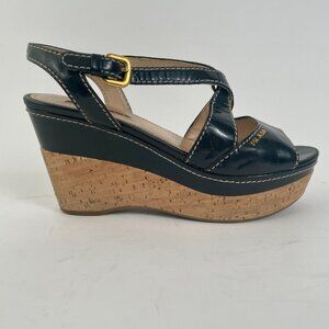 Prada Linea Rossa Black Patent Cork Platform Strappy Wedges, Size 8.5 (38.5EU)